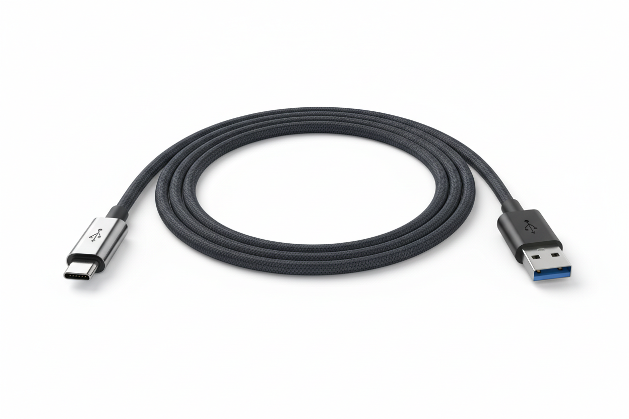 vygeneruj mi ilustračný obrázok 1m USB kabla na jednej strane USB-c konektor a na druhej USB-a