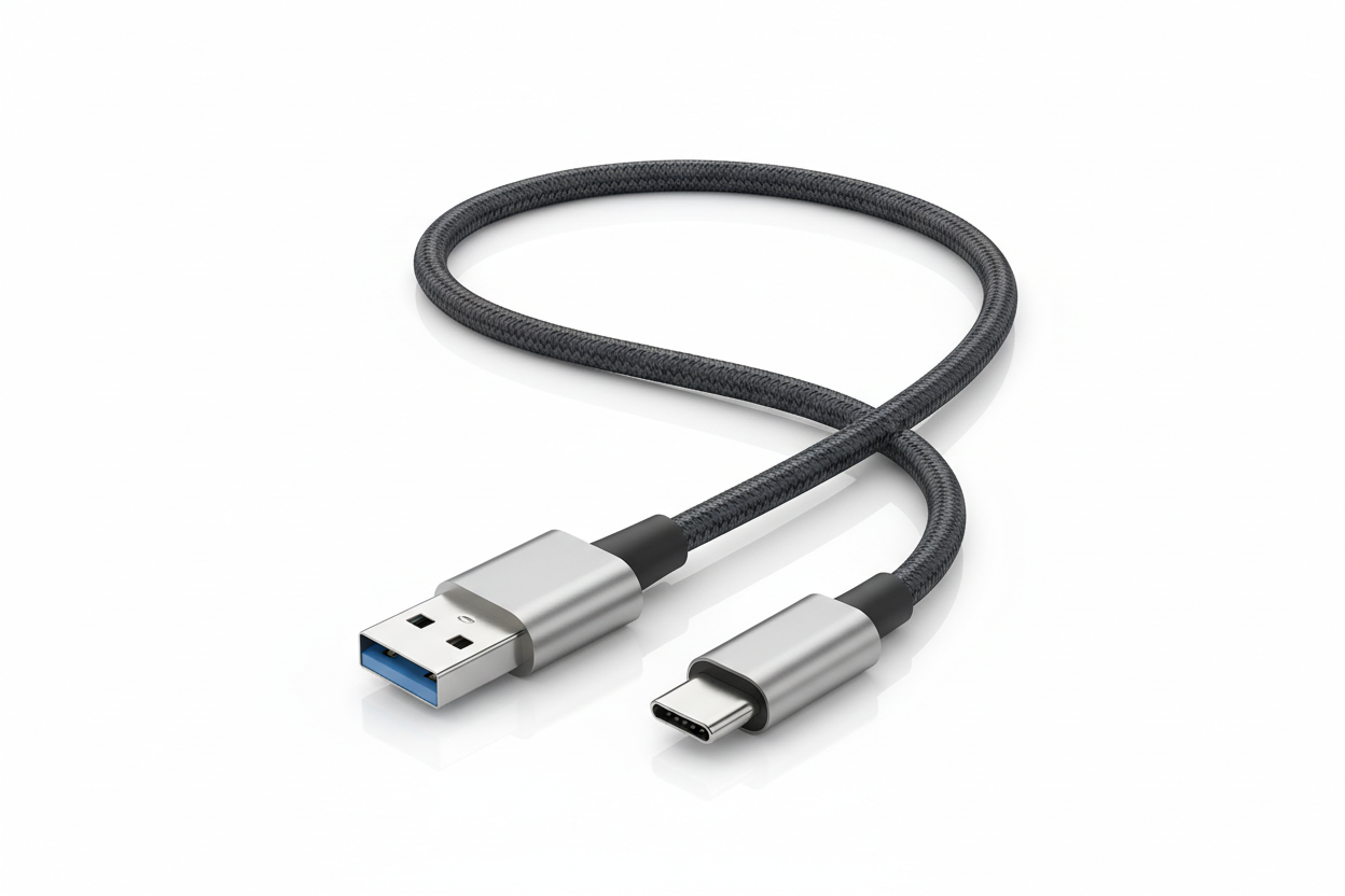 vygeneruj mi ilustračný obrázok 2m USB kabla na jednej strane USB-c konektor a na druhej USB-a